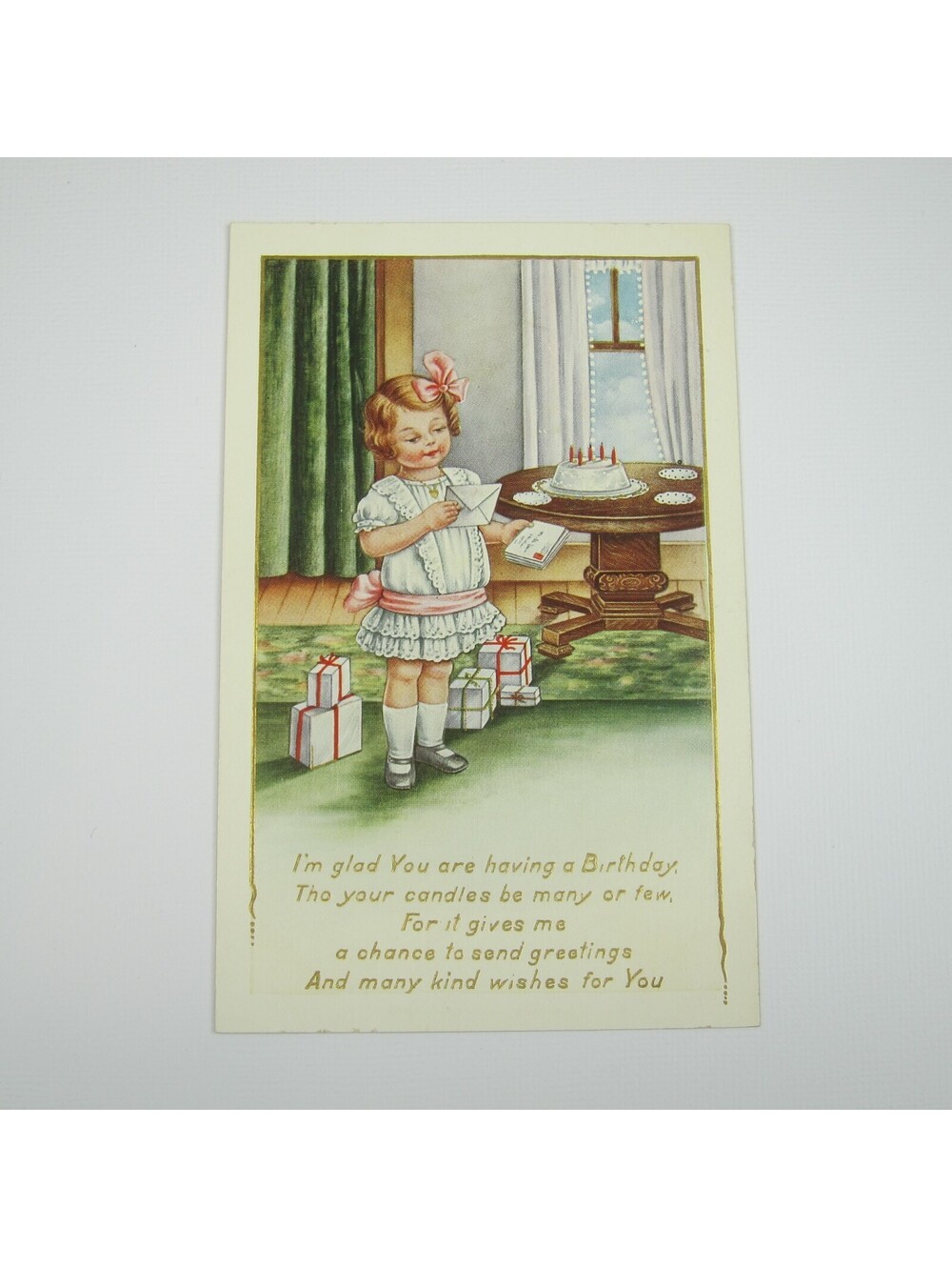 Postcard Birthday Greeting Antique 1910s Girl Reads Mail Presents Cake UNPOSTED